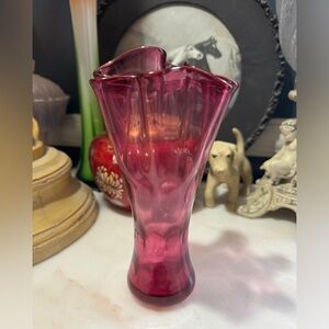 Cranberry Glass Ruffle Edges Vase
